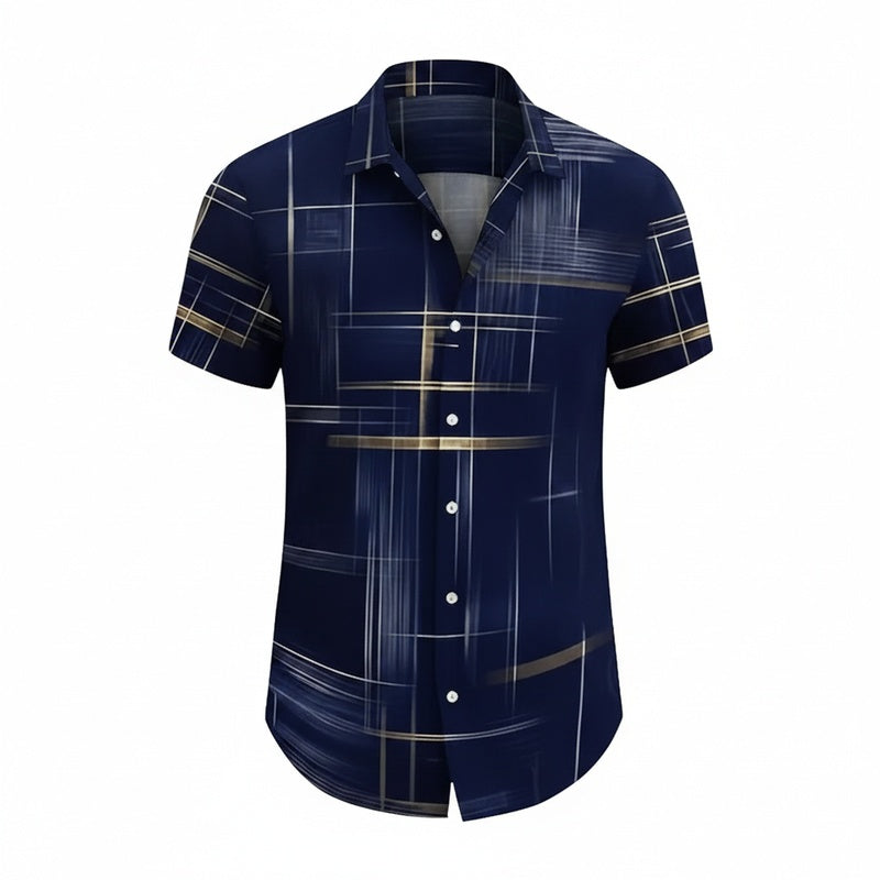 Men's Short Sleeve Button Shirt with Geometric Plaid Print