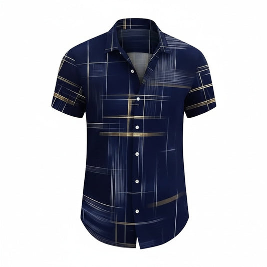 Men's Short Sleeve Button Shirt with Geometric Plaid Print
