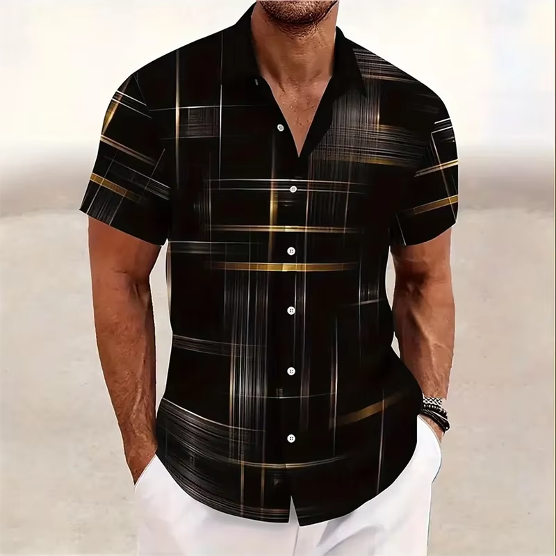 Men's Short Sleeve Button Shirt with Geometric Plaid Print