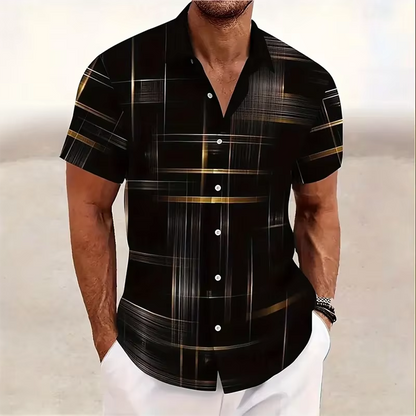 Men's Short Sleeve Button Shirt with Geometric Plaid Print