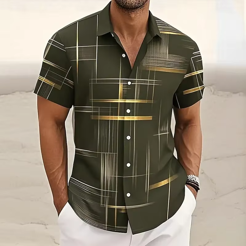Men's Short Sleeve Button Shirt with Geometric Plaid Print