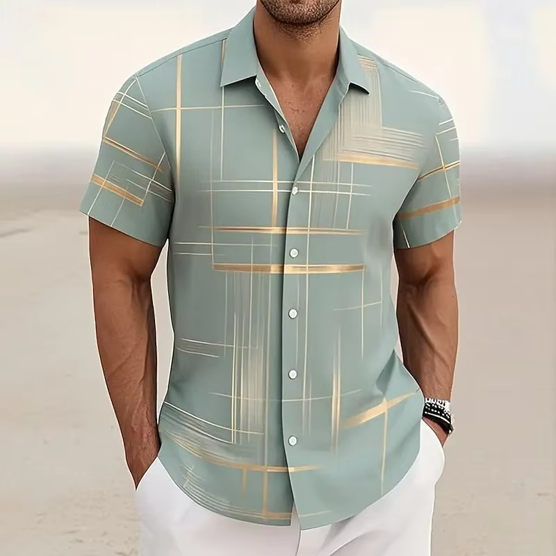 Men's Short Sleeve Button Shirt with Geometric Plaid Print