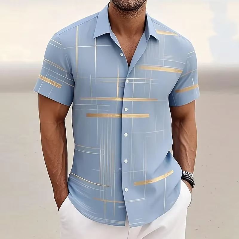 Men's Short Sleeve Button Shirt with Geometric Plaid Print
