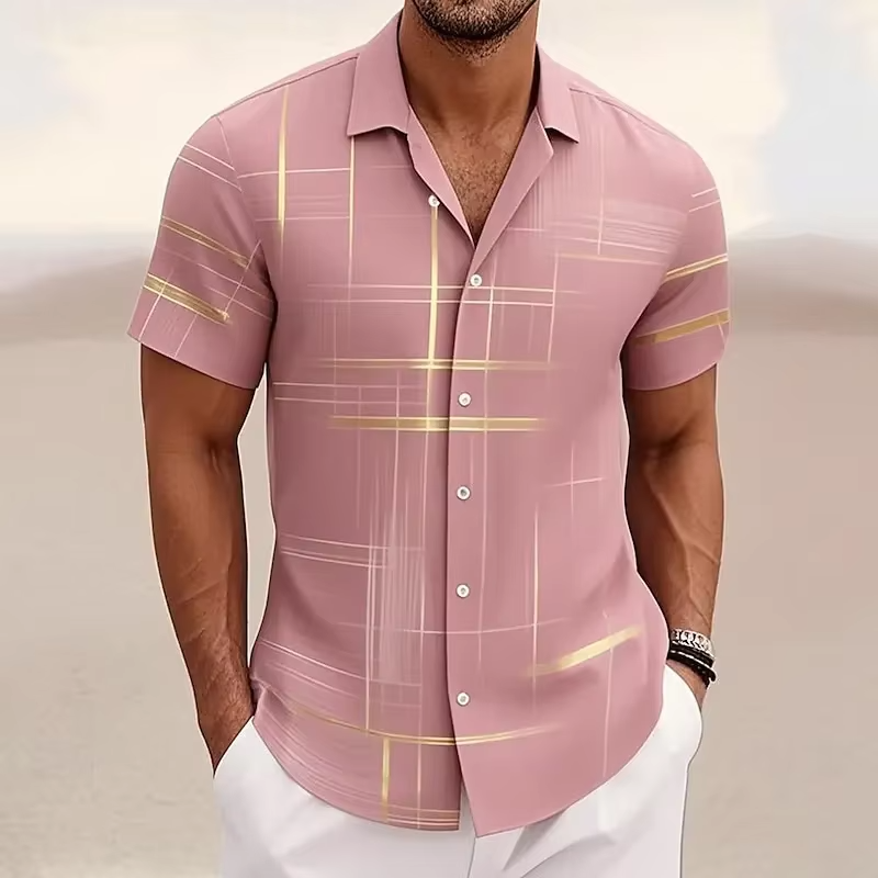 Men's Short Sleeve Button Shirt with Geometric Plaid Print