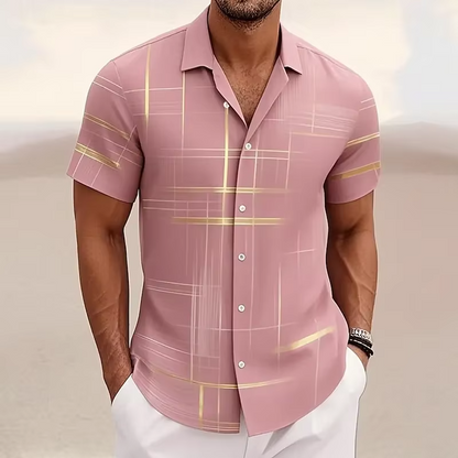 Men's Short Sleeve Button Shirt with Geometric Plaid Print