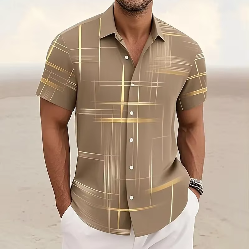 Men's Short Sleeve Button Shirt with Geometric Plaid Print