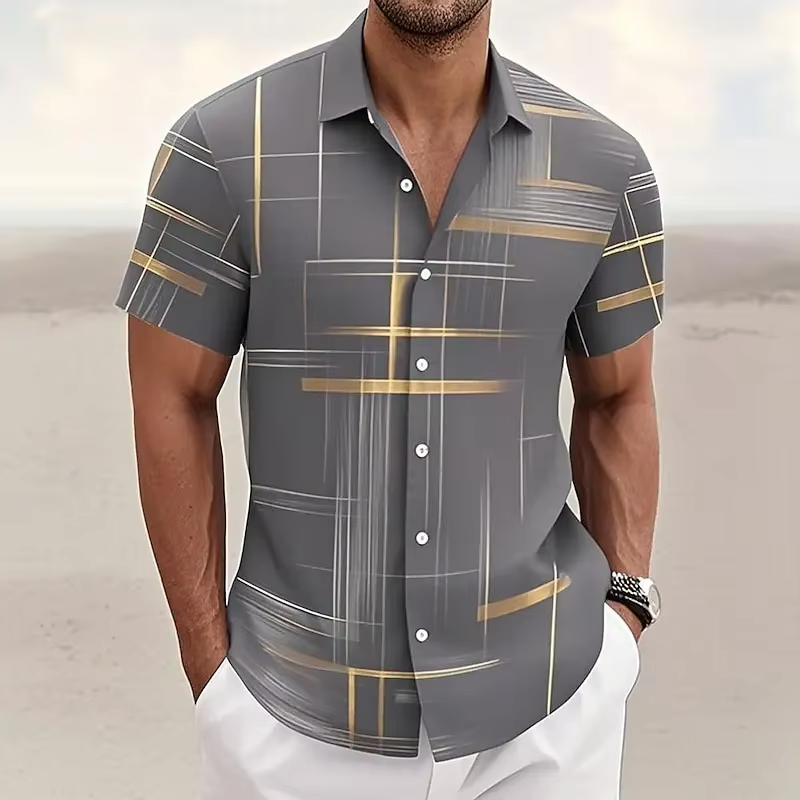 Men's Short Sleeve Button Shirt with Geometric Plaid Print