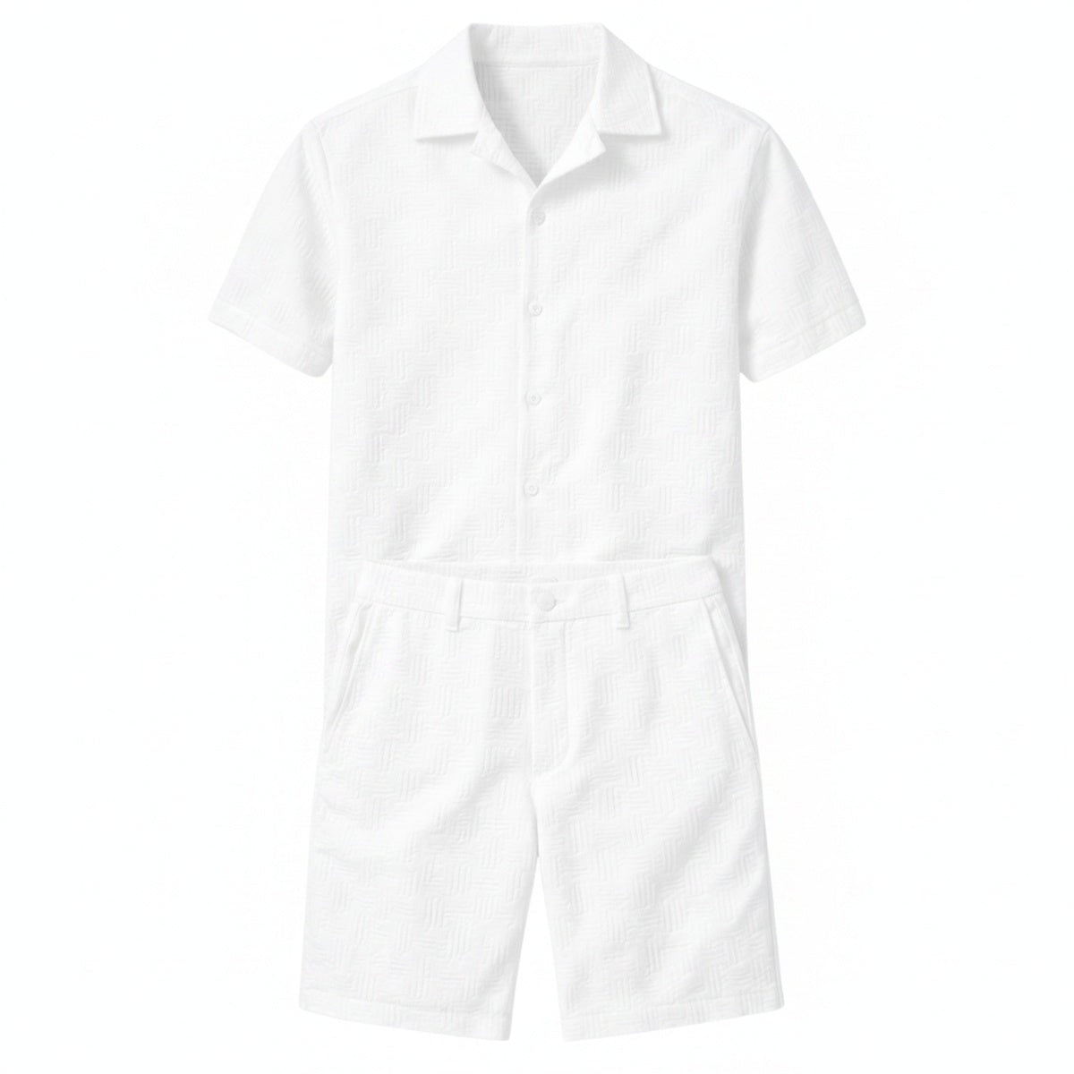 Men's Short Sleeve Button-Up Shirt and Shorts Set with Textured Pattern