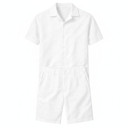 Men's Short Sleeve Button-Up Shirt and Shorts Set with Textured Pattern