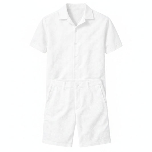 Men's Short Sleeve Button-Up Shirt and Shorts Set with Textured Pattern