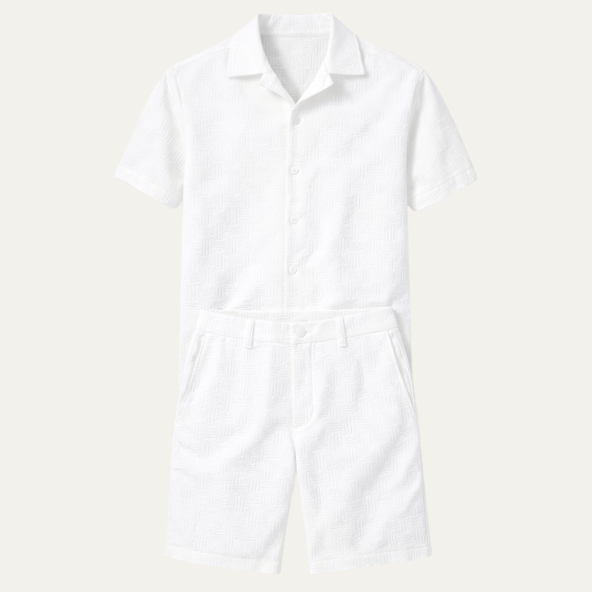 Men's Short Sleeve Button-Up Shirt and Shorts Set with Textured Pattern
