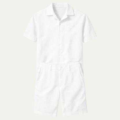 Men's Short Sleeve Button-Up Shirt and Shorts Set with Textured Pattern