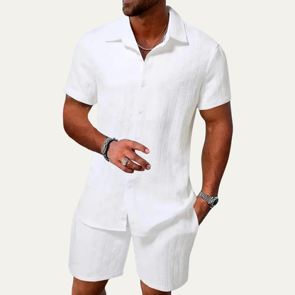 Men's Short Sleeve Button-Up Shirt and Shorts Set with Textured Pattern