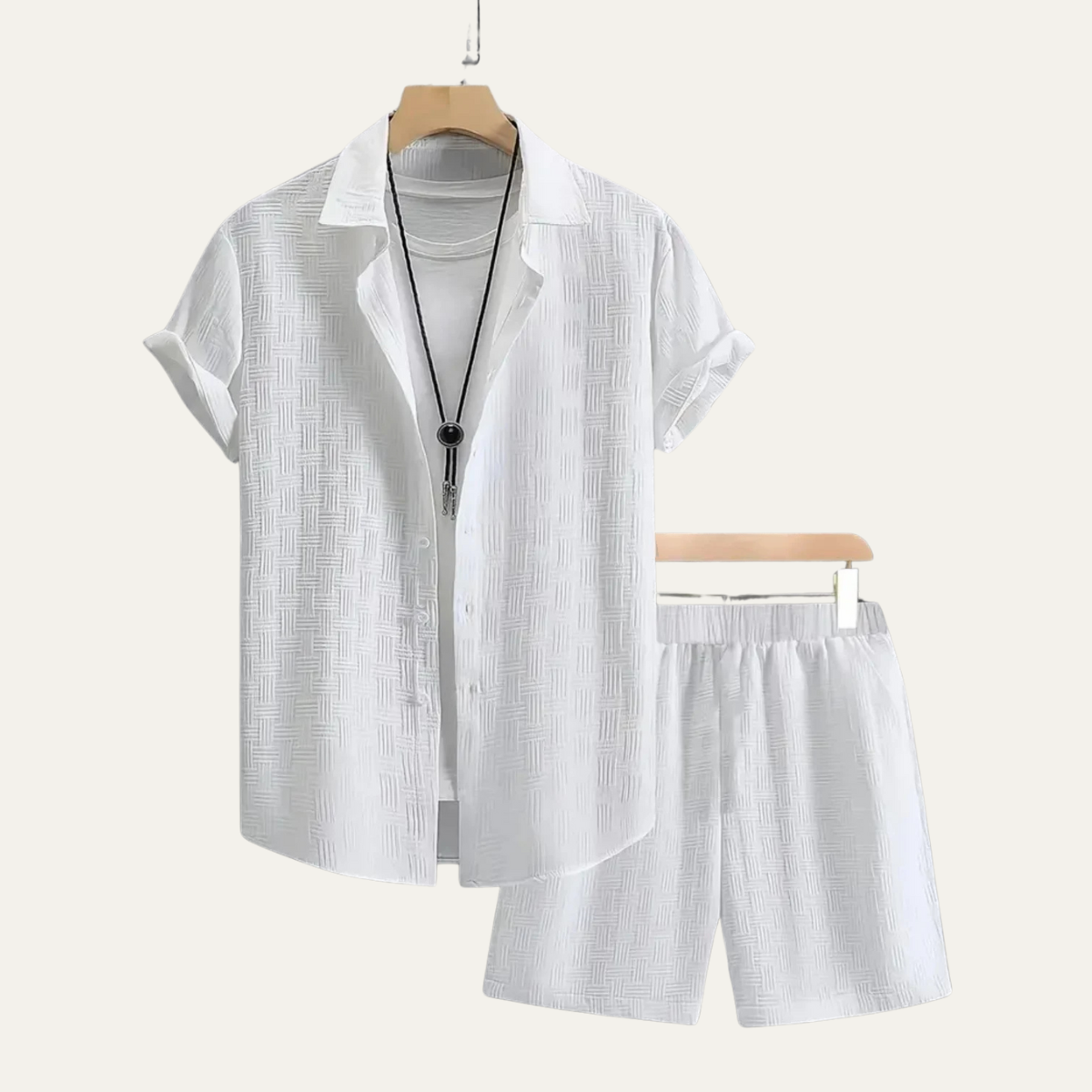 Men's Short Sleeve Button-Up Shirt and Shorts Set with Textured Pattern