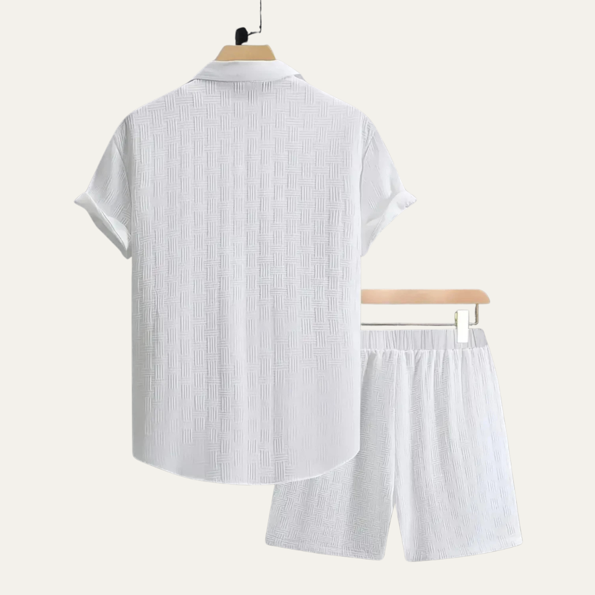 Men's Short Sleeve Button-Up Shirt and Shorts Set with Textured Pattern