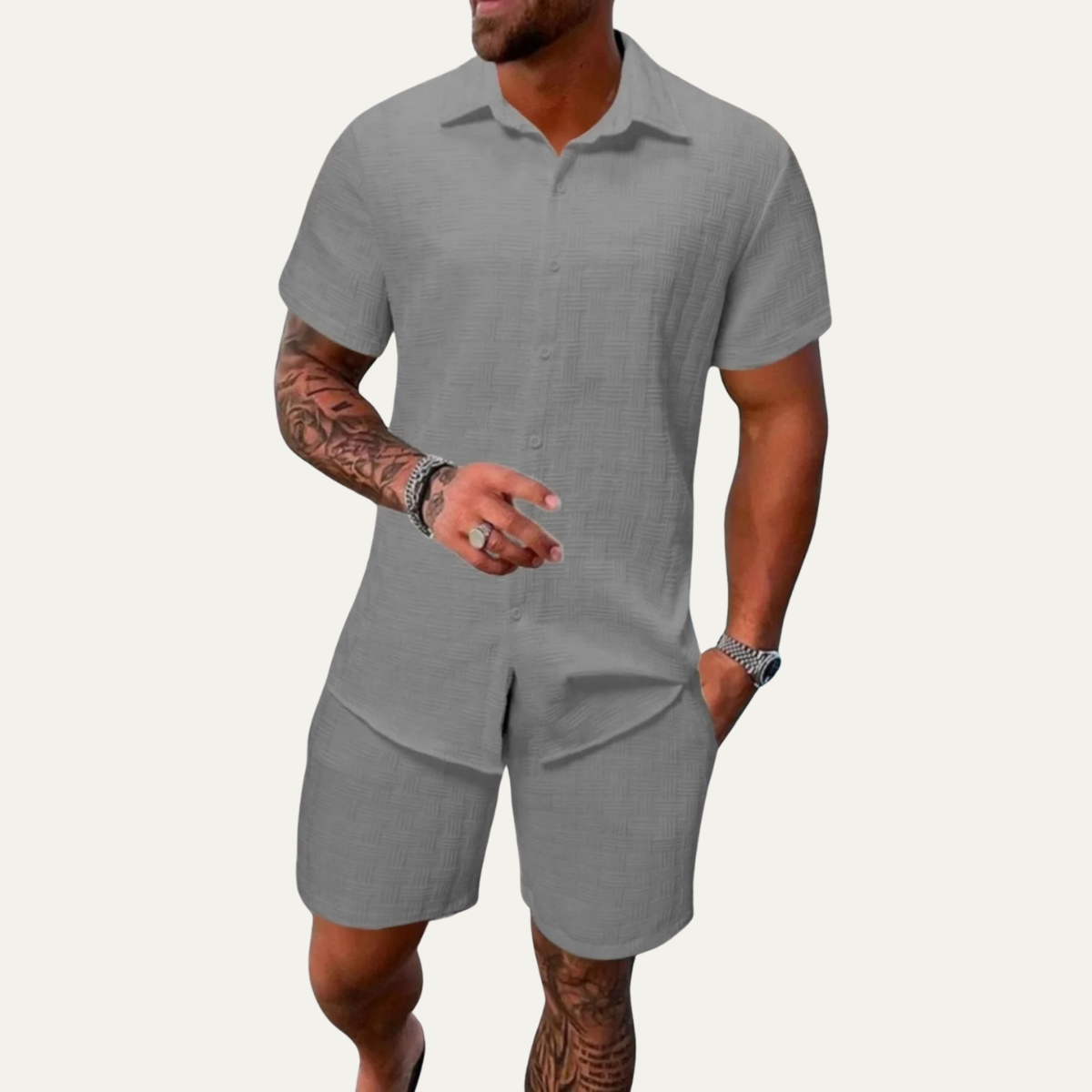 Men's Short Sleeve Button-Up Shirt and Shorts Set with Textured Pattern