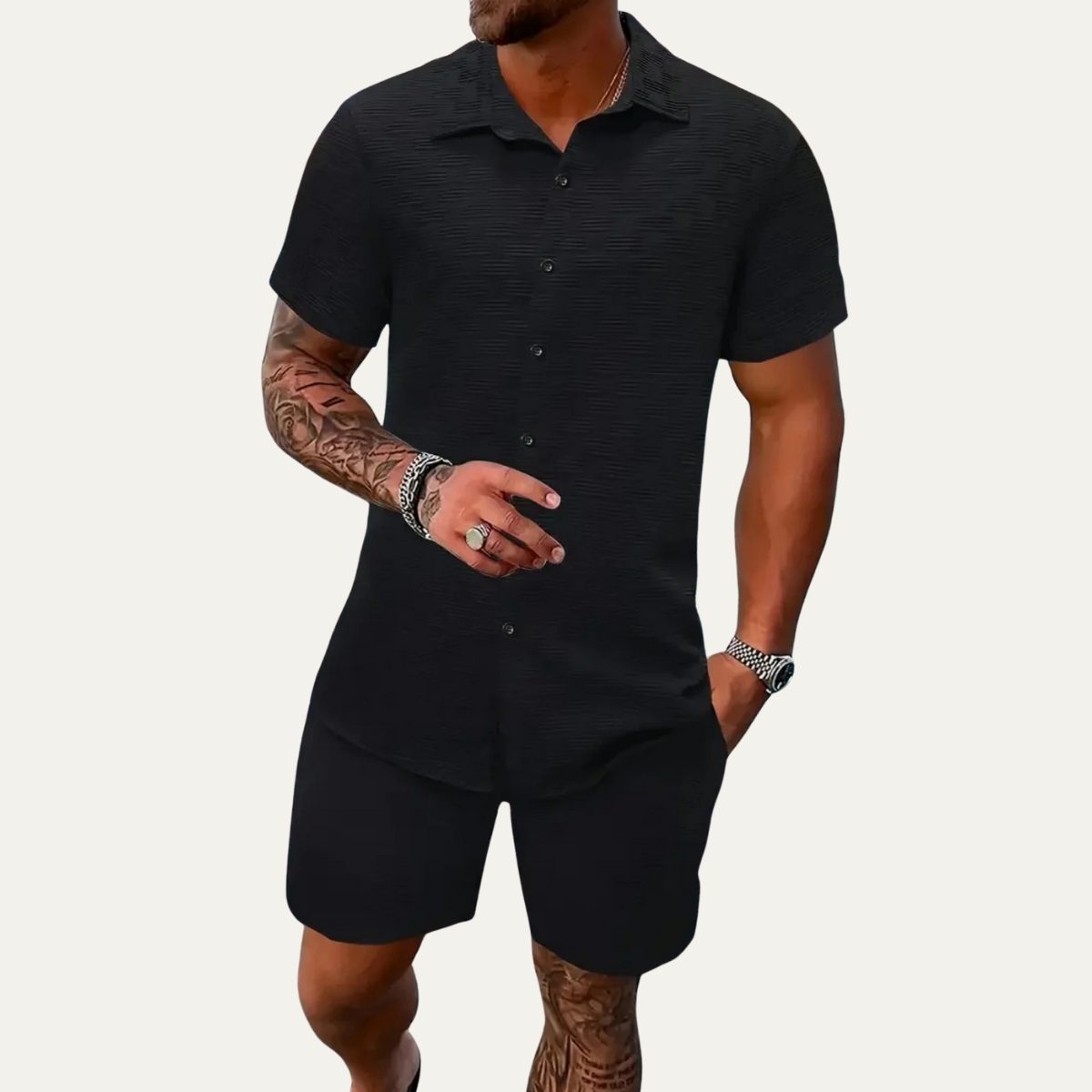 Men's Short Sleeve Button-Up Shirt and Shorts Set with Textured Pattern