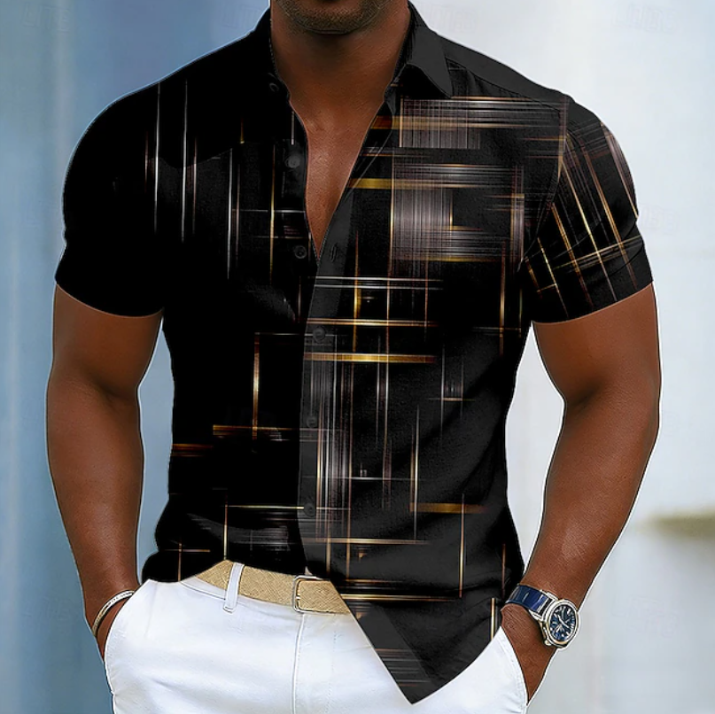 Men's Short Sleeve Button-Up Shirt with Geometric Print
