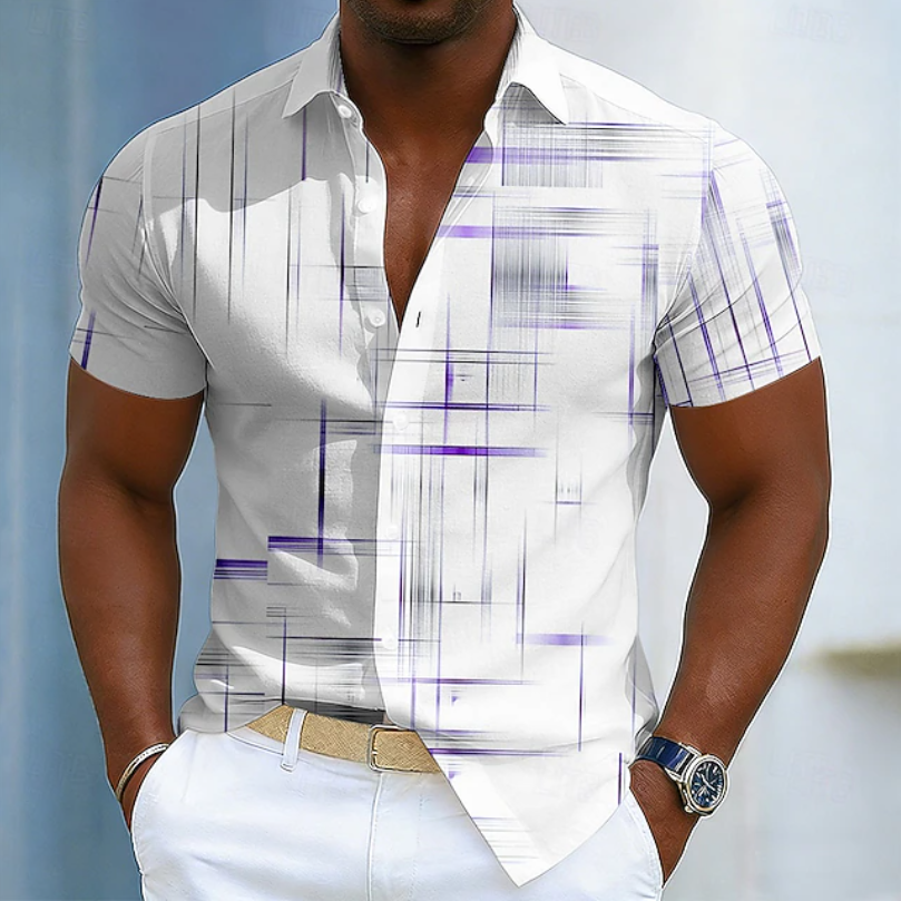 Men's Short Sleeve Button-Up Shirt with Geometric Print