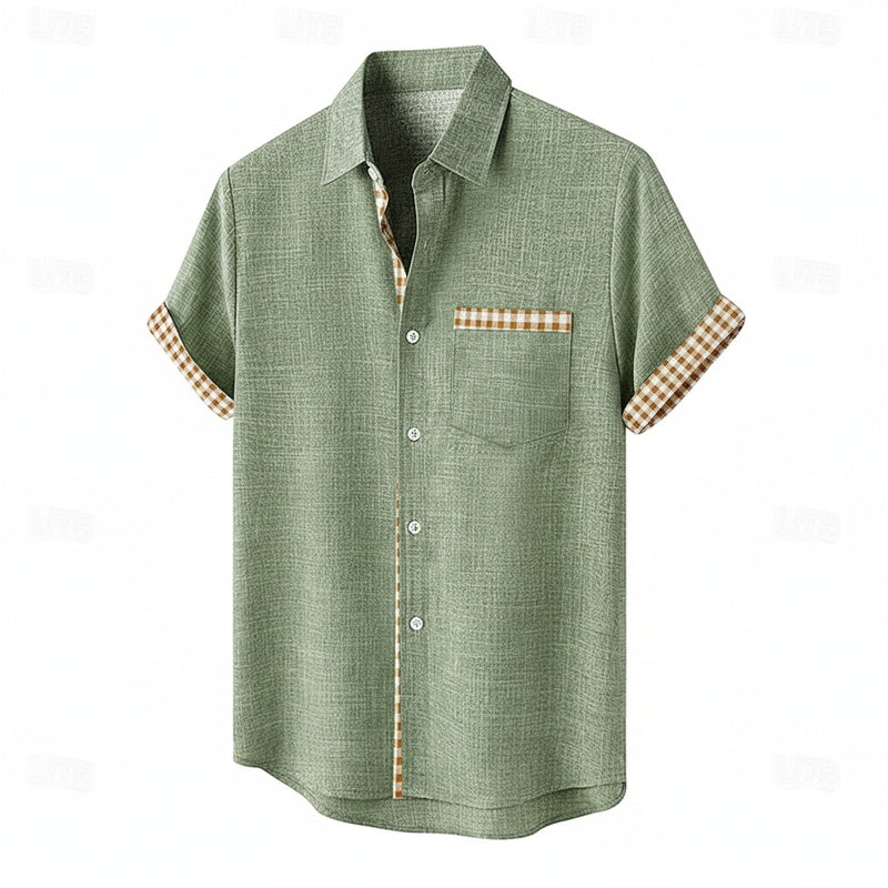 Men's Short Sleeve Button-Up Shirt with Gingham Contrast Trim and Chest Pocket