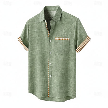 Men's Short Sleeve Button-Up Shirt with Gingham Contrast Trim and Chest Pocket