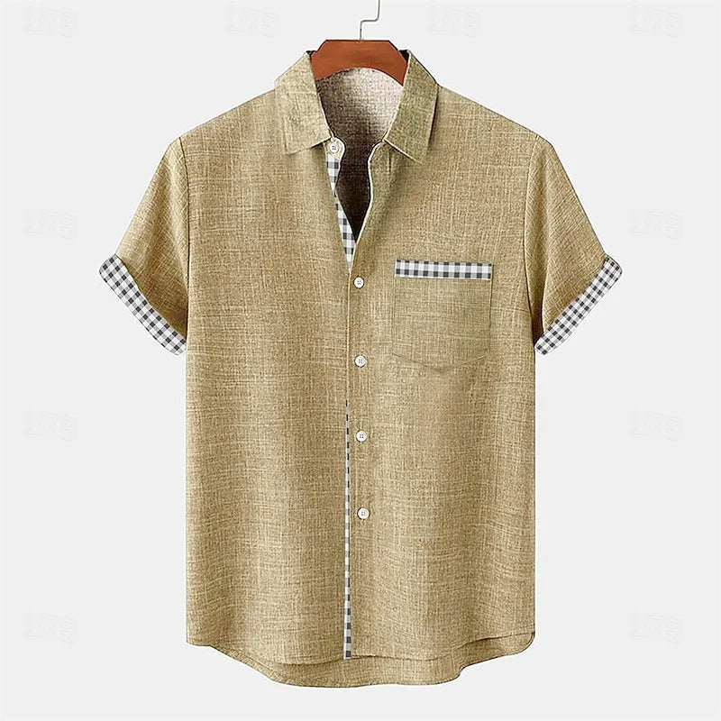 Men's Short Sleeve Button-Up Shirt with Gingham Contrast Trim and Chest Pocket