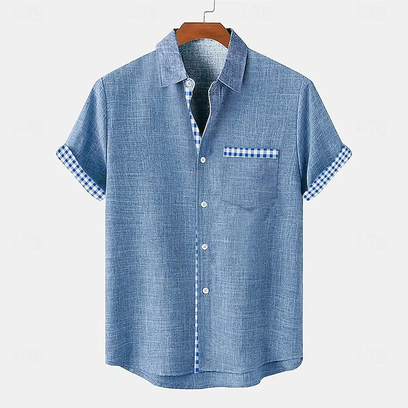Men's Short Sleeve Button-Up Shirt with Gingham Contrast Trim and Chest Pocket
