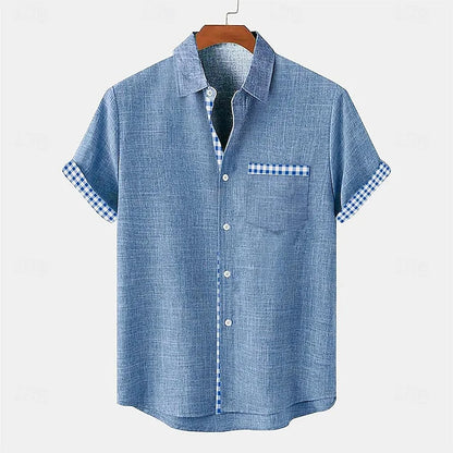 Men's Short Sleeve Button-Up Shirt with Gingham Contrast Trim and Chest Pocket