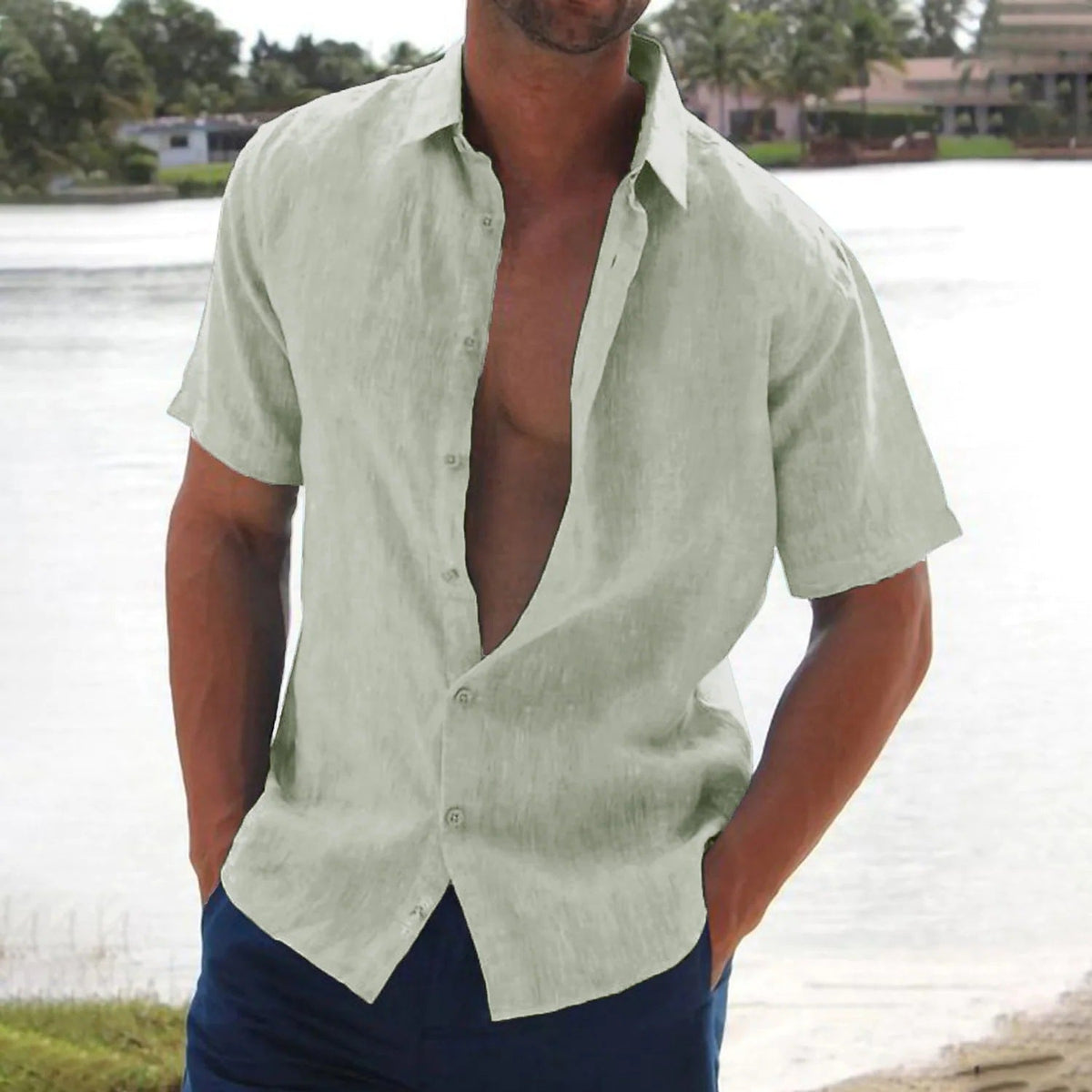 Men's Short Sleeve Button-Up Shirt with Spread Collar