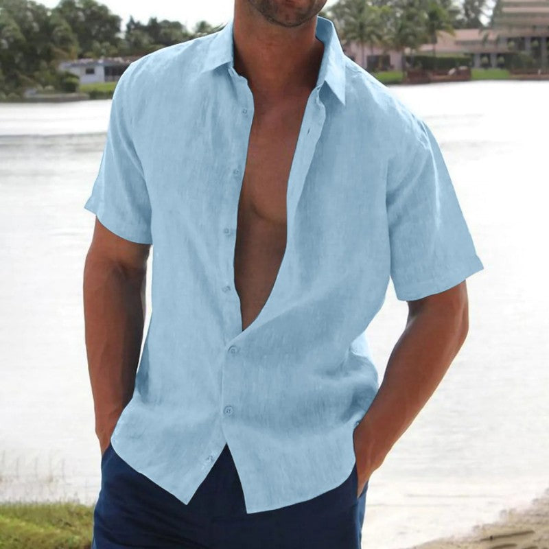 Men's Short Sleeve Button-Up Shirt with Spread Collar