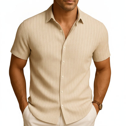 Men's Short Sleeve Button-Up Shirt with Striped Texture and Classic Collar