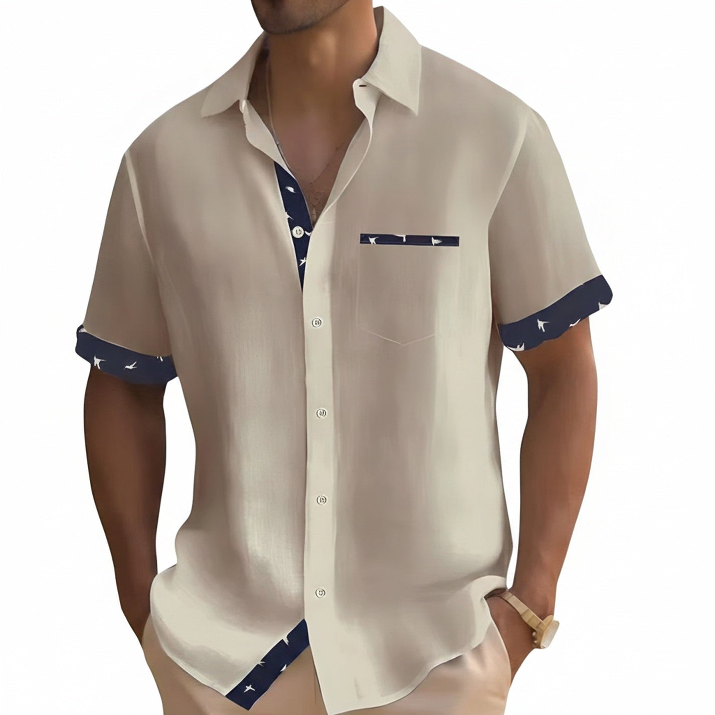 Men's Short Sleeve Casual Shirt with Contrast Trim and Chest Pocket