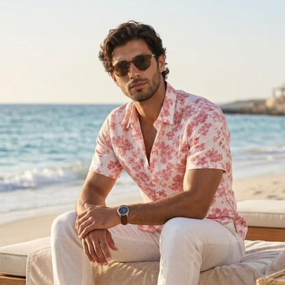 Men's Short Sleeve Hawaiian Shirt with Floral and Tropical Print