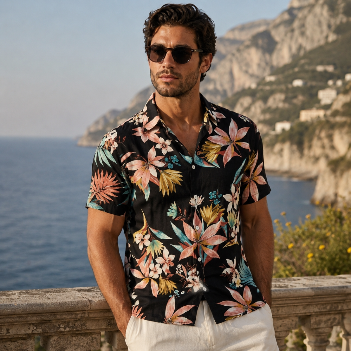Men's Short Sleeve Hawaiian Shirt with Floral and Tropical Print