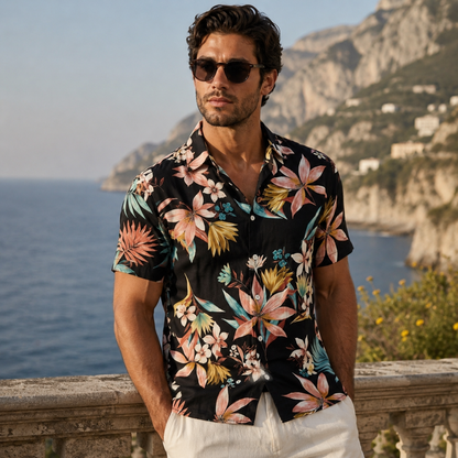 Men's Short Sleeve Hawaiian Shirt with Floral and Tropical Print