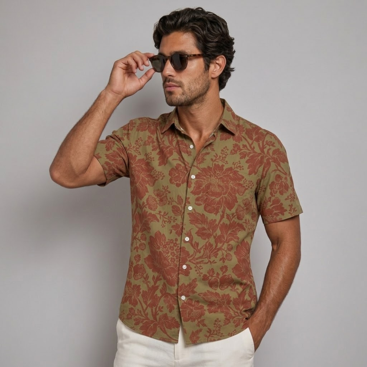 Men's Short Sleeve Hawaiian Shirt with Floral and Tropical Print