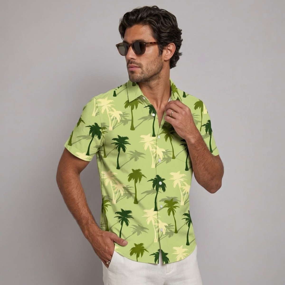 Men's Short Sleeve Hawaiian Shirt with Floral and Tropical Print