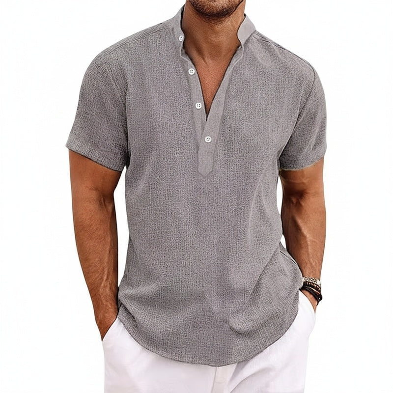 Men's Short Sleeve Henley Shirt with Stand Collar and Button Placket
