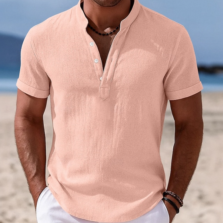 Men's Short Sleeve Henley Shirt with Stand Collar and Two-Button Placket