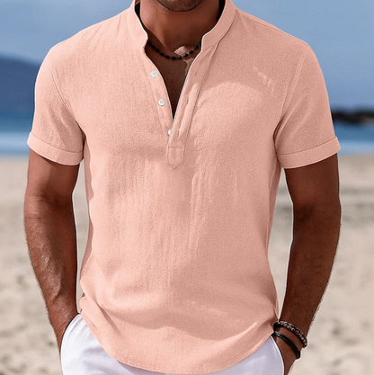 Men's Short Sleeve Henley Shirt with Stand Collar and Two-Button Placket
