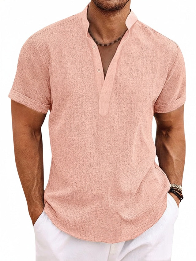Men's Short Sleeve Henley Shirt with Stand Collar and Button Placket