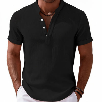 Men's Short Sleeve Henley Shirt with Stand Collar and Two-Button Placket