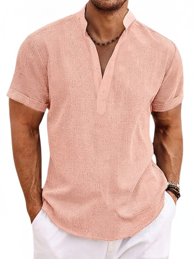 Men's Short Sleeve Henley Shirt with Stand Collar and Button Placket
