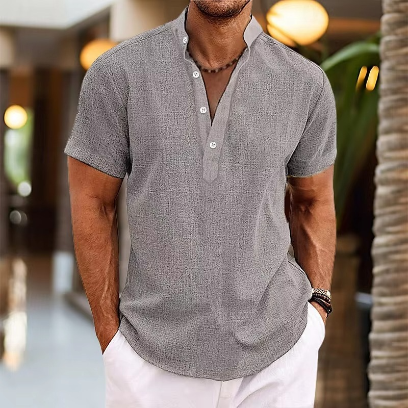 Men's Short Sleeve Henley Shirt with Stand Collar and Button Placket