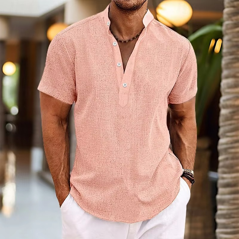 Men's Short Sleeve Henley Shirt with Stand Collar and Button Placket