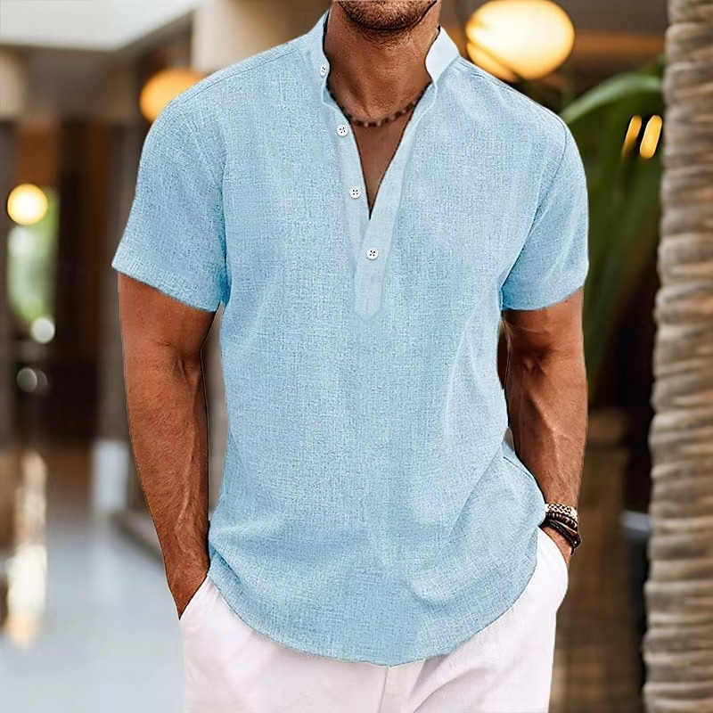 Men's Short Sleeve Henley Shirt with Stand Collar and Button Placket