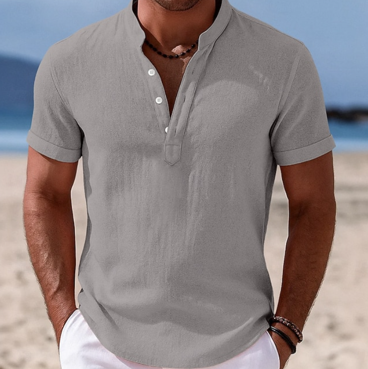 Men's Short Sleeve Henley Shirt with Stand Collar and Two-Button Placket