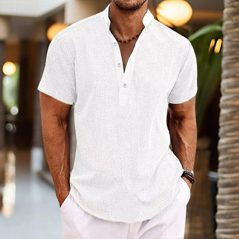 Men's Short Sleeve Henley Shirt with Stand Collar and Button Placket