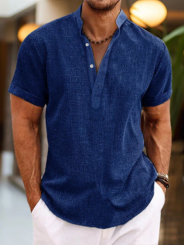 Men's Short Sleeve Henley Shirt with Stand Collar and Button Placket
