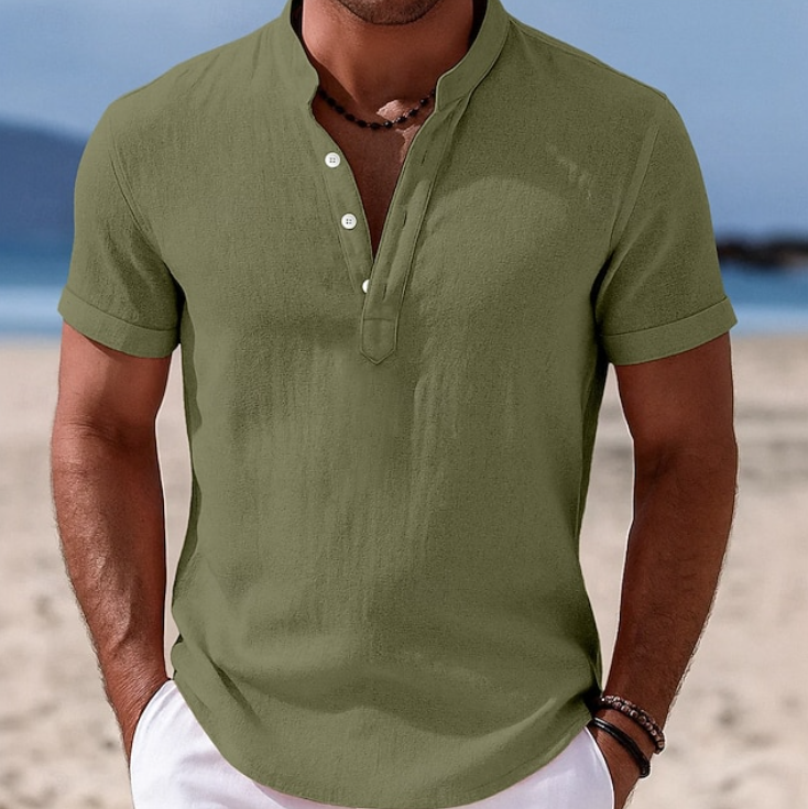 Men's Short Sleeve Henley Shirt with Stand Collar and Two-Button Placket